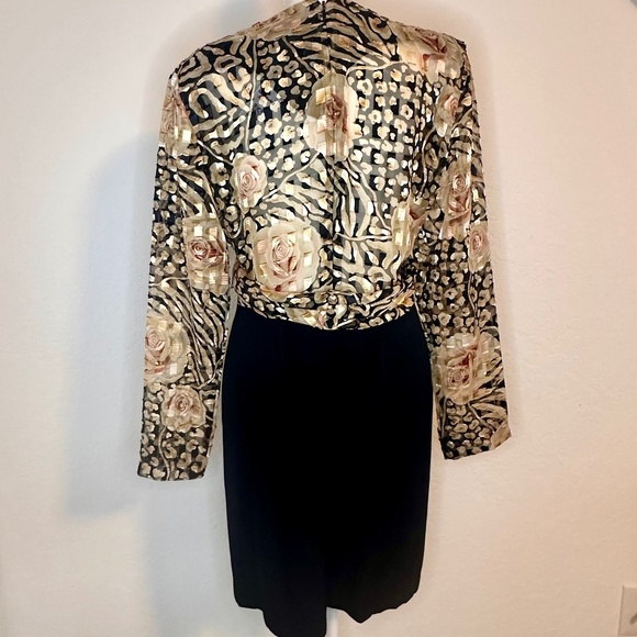 Vintage Metallic Gold Floral Bodice Dress, Size 10 - Picture 7 of 14